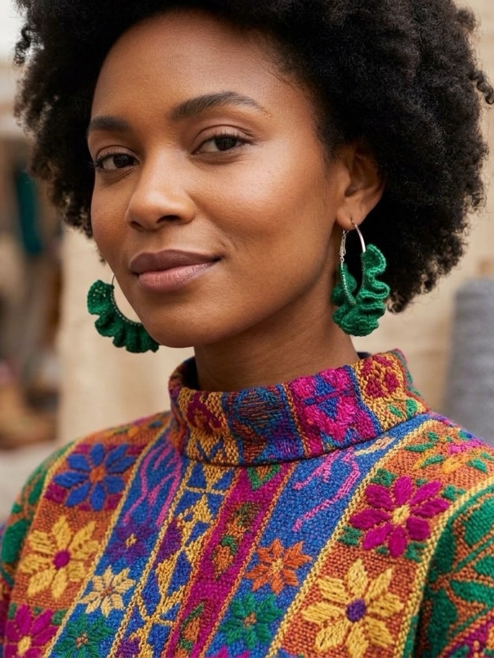 Handcrafted Green Ruffle Hoop Earrings - Women Jewelry